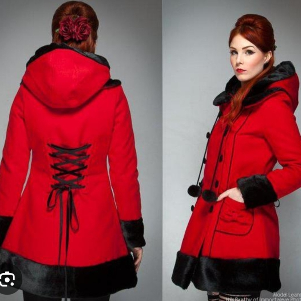 Women's Hell Bunny Sara Jane Red Hooded Coat with Black Fur Trim